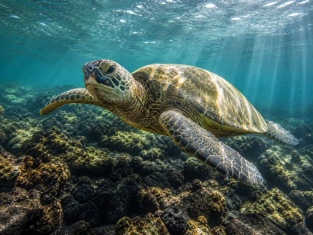 A green sea turtle gliding over dark lava rock in shallow water