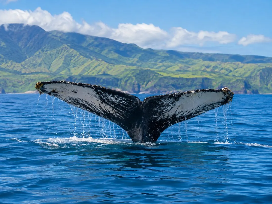 The tail fluke of a humpback whale rising from the sea off Maui